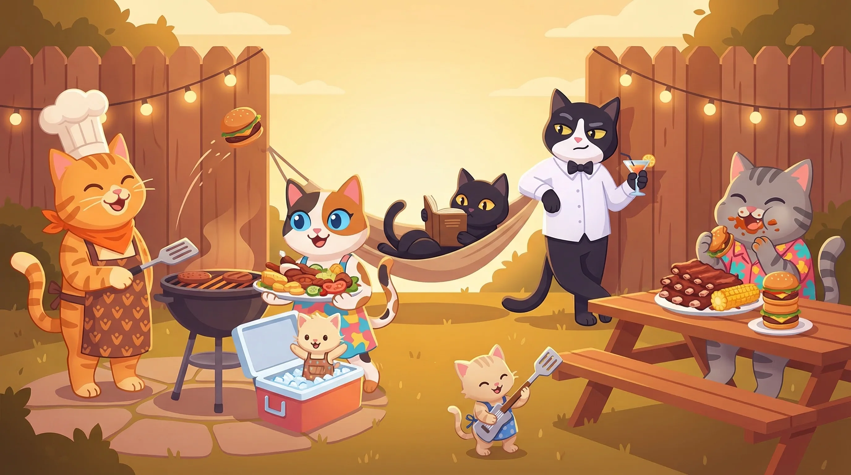 Cat BBQ — a ginger chef cat flipping burgers, a black cat lounging doing nothing, a kitten sneaking a sausage off the grill